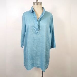 C P Shades Women's 100% Linen Lightweight Blue Tunic Top 3/4 Sleeves, sz XS
